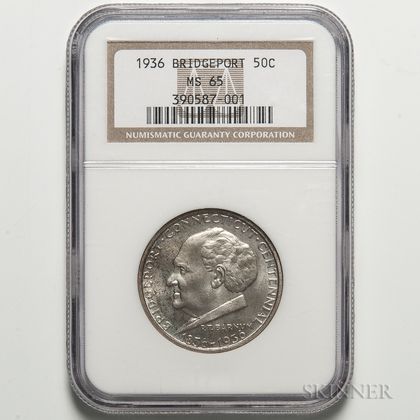 1936 Bridgeport Commemorative Half Dollar, NGC MS65. Estimate $100-150