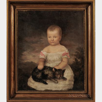 American School, 19th Century Portrait of a Child with a Gray Cat