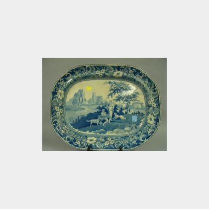 Large Davenport Blue and White Arcadia Scene Transfer Decorated Staffordshire Platter. 