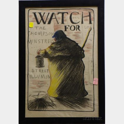 Framed Late 19th/20th Century Crayon on Paper Illustration "Watch For, The Thompson Minstrels, Street Illumin...,"