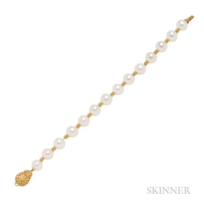 18kt Gold, Cultured Pearl, and Yellow Sapphire Bracelet