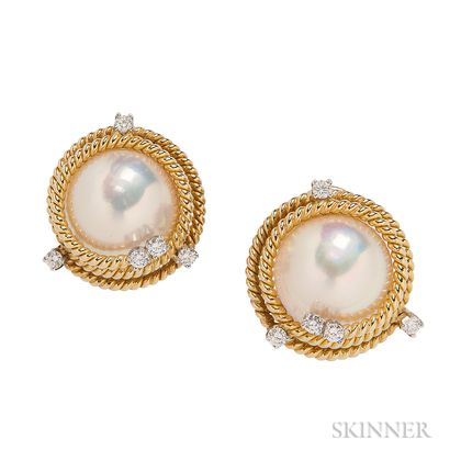18kt Gold and Mabe Pearl "Rope" Earclips, Schlumberger forTiffany & Co.