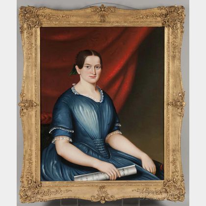 American School, 19th Century Portrait of Georgiana Brackett of Newton, Massachusetts, in a Blue Dress