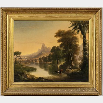 American School, 19th Century River and Mountain Landscape with Man in a Boat