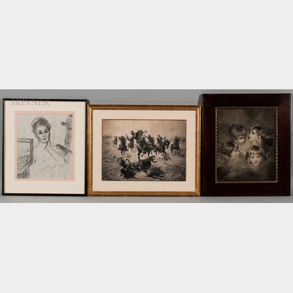 Anglo/American School, 18th, 19th, and 20th Century Three Framed Works on Paper: Portrait of a Lady; How-Kola After... 