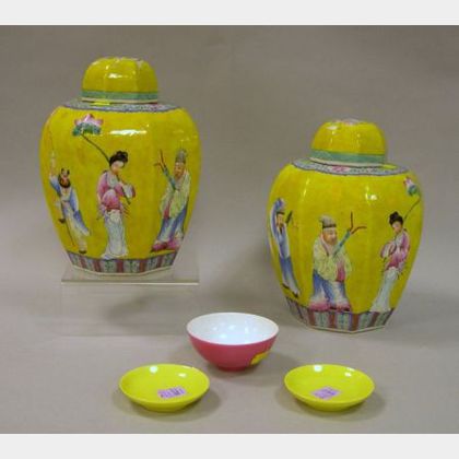 Three Small Chinese Mono-glazed Bowls and a Pair of Chinese Scenic Decorated Porcelain Covered Jars. 