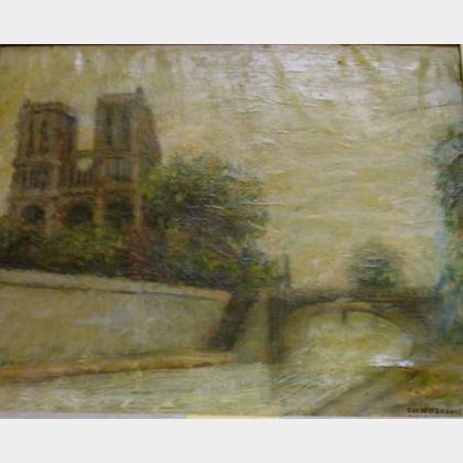 Framed Oil on Canvas View of Notre Dame Attributed to Elena de Hellenbranch