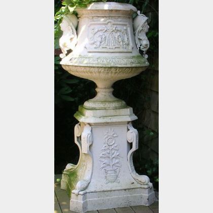 White Painted Victorian Etruscan Revival Cast Iron Garden Urn on Pedestal