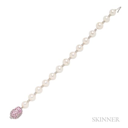 18kt White Gold, Cultured Pearl, and Pink Sapphire Bracelet