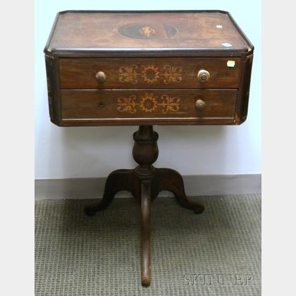 Continental Inlaid and Marquetry Decorated Walnut Two-Drawer Pedestal-base Work Table. 