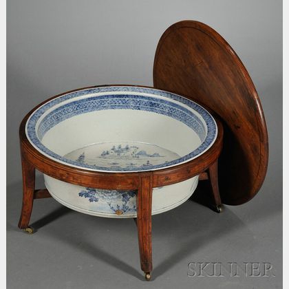 Chinese Export Blue and White Porcelain Wash Basin and an Associated Mahogany Stand