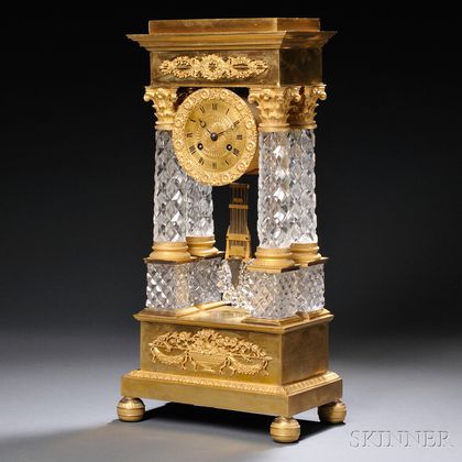 French Gilt-brass and Cut Glass Portico Clock