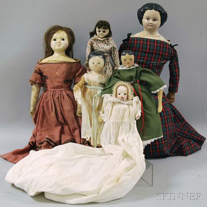 Six Waxed Composition, Wood, and Papier-mache Dolls