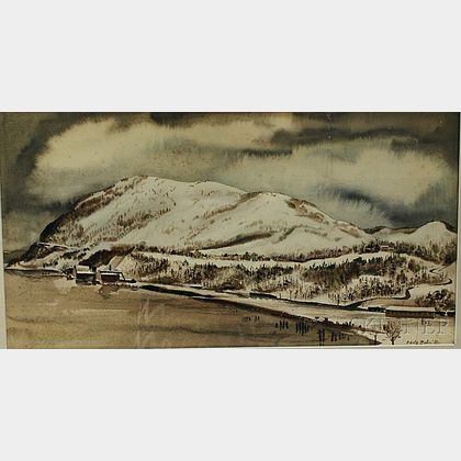Adolf Arthur Dehn (American, 1895-1968) Winter Landscape with Mountains and Farm.