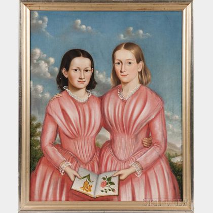 American School, 19th Century Double Portrait of Mary Elizabeth and Caroline Brackett of Newton, Massachusetts, in Pink Dresses