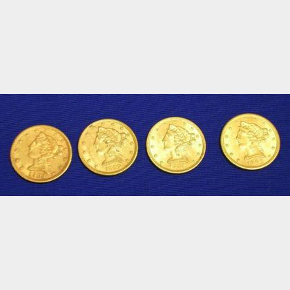 1899, 1901, 1902, and 1903 Liberty Head Half Eagle Five Dollar Gold Coins. 