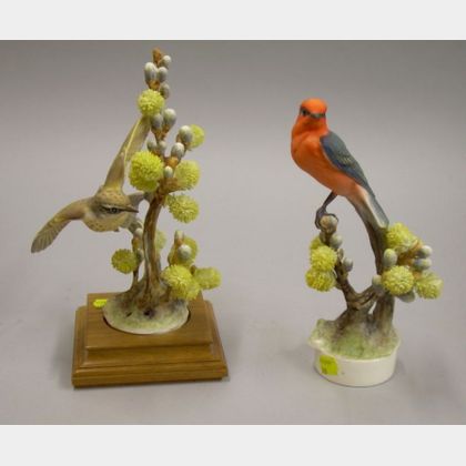 Pair of Royal Worcester Porcelain Vermillion Flycatchers