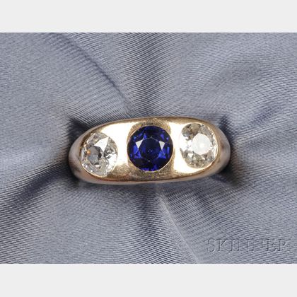 14kt Gold , Synthetic Sapphire and Diamond Three-stone Ring