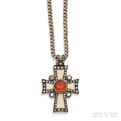 Carnelian Intaglio, Diamond, and Seed Pearl Cross Pendant