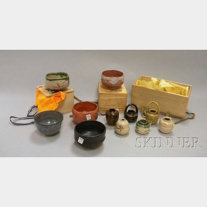 Five Modern Japanese Glazed Ceramic Tea Ceremony Bowls and Six Small Decorated Ceramic Tea Caddies and Vessels
