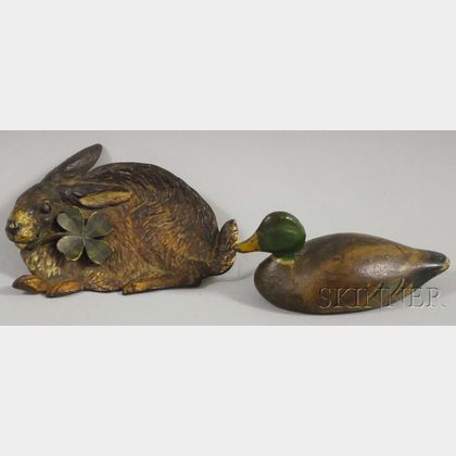 Painted Cast Iron Mallard Paperweight and a Bradley & Hubbard Painted Cast Iron Rabbit with Clover Pin Tray