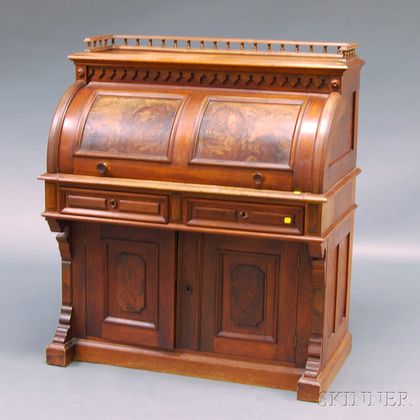 Renaissance Revival Walnut and Burl Veneer Cylinder-top Writing Desk