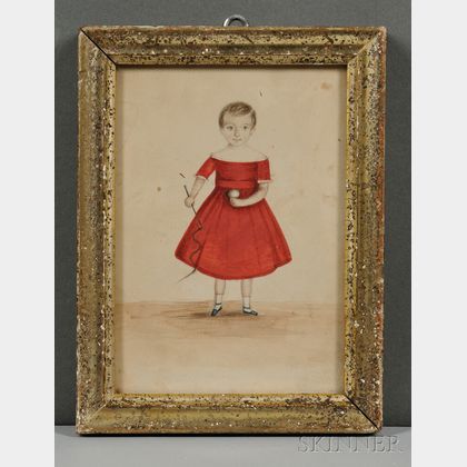 American School, 19th Century Portrait of a Boy in a Red Dress Holding a Riding Crop and a Ball
