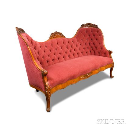 Rococo Revival Carved Walnut Velvet-upholstered Settee