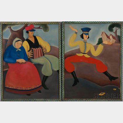 Eastern European School, 20th Century Two Paintings of Country Peasants