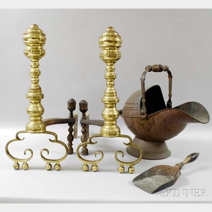 Pair of Turned Brass Andirons, a Coal Hod, and a Scoop. Estimate $250-350