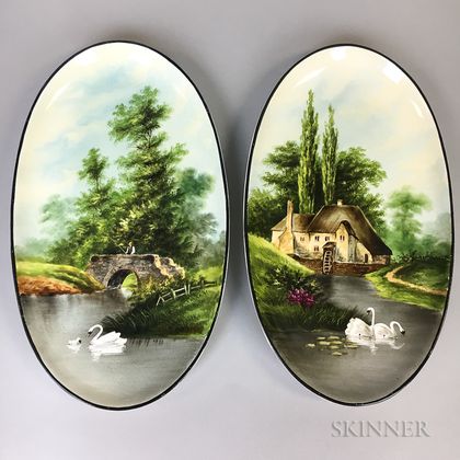 Pair of Hand-decorated Ceramic Landscape Plaques