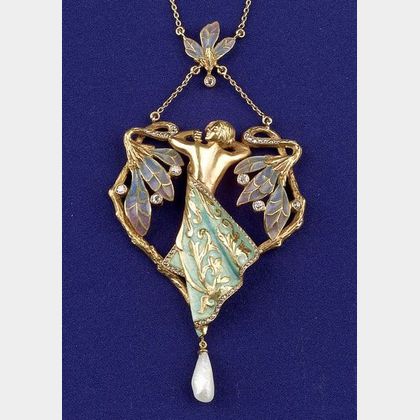 Art Nouveau 18kt Gold, Plique-a-jour Enamel and Diamond Pendant Necklace