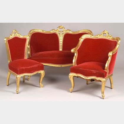 Three-Piece Louis XV Style Red Velvet Upholstered Carved Giltwood Parlor Suite