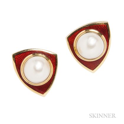 18kt Gold, Mabe Pearl, and Enamel Earclips, De Vroomen