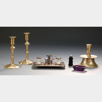 Three Brass Candlesticks, Two Small Colored Glass Items, and a Silver Plated Desk Set