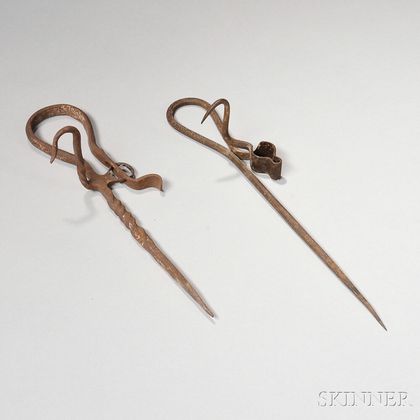 Two Wrought Iron Miner's Candlesticks