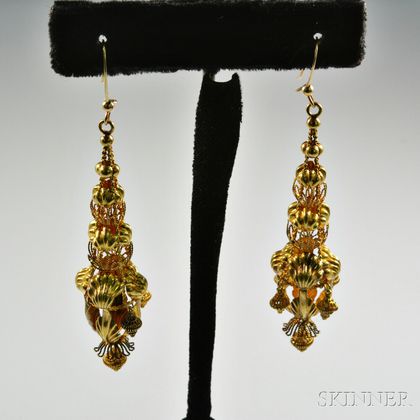 Chinese 14kt Gold Tiered Earpendants