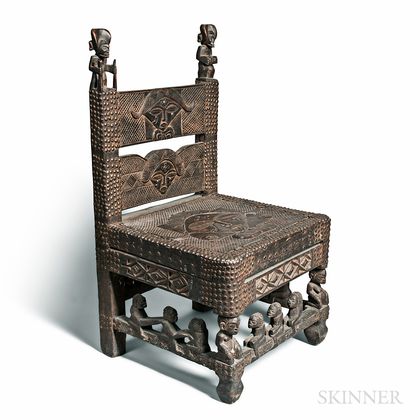 Congo-style Carved Wood and Tack Chair