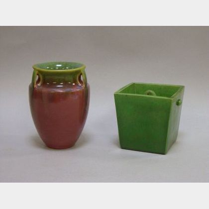 Fulper Pottery Glazed Vase and an Asian Green Glazed Pottery Square Vase. 