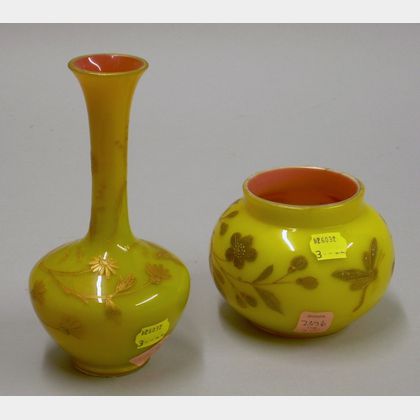 European Yellow over Pink Enameled Cased Glass Vase and Bowl