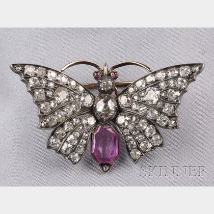 Antique Pink Sapphire and Diamond Butterfly Pendant/Brooch