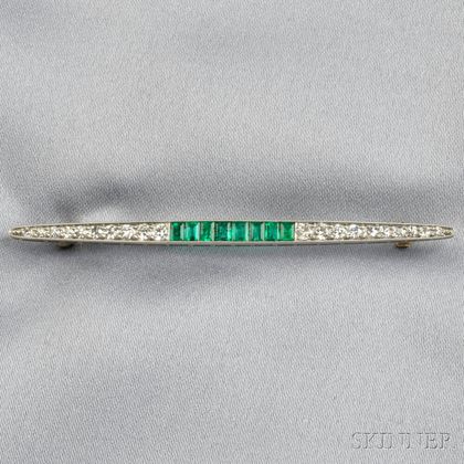 Art Deco Platinum, Emerald, and Diamond Bar Pin