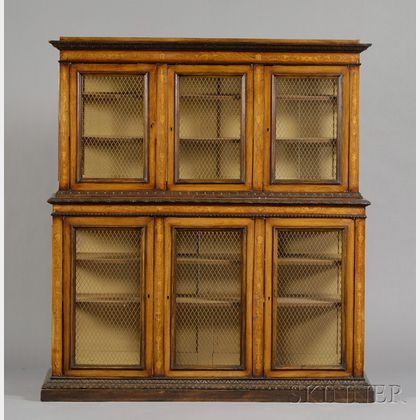 Italian Renaissance-style Fruitwood-inlaid and Penwork Decorated Walnut Library Cabinet