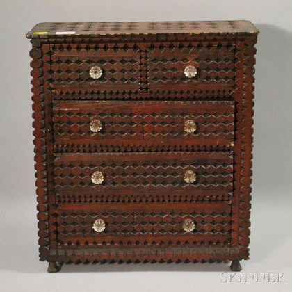 Tramp Art Notch-carved Wood Five-drawer Chest