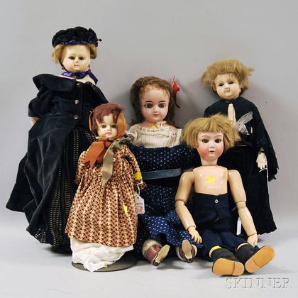 One Bisque, One Composition and Three Waxed Composition Dolls