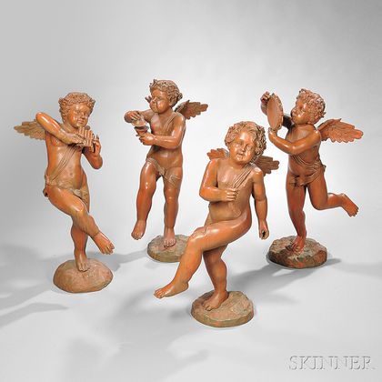 Set of Four Brown-painted Cast Metal Figures of Cupid Musicians
