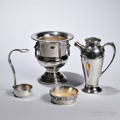 Four Wine and Cocktail-related Silver-plate Objects, including a Wallace Baroque pattern wine coaster, Italian wine bottle stand, Int 