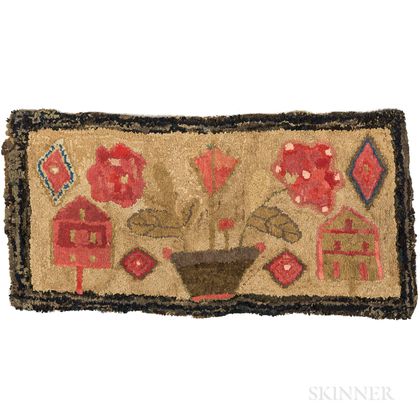 Hooked Rug with Houses and Potted Flower