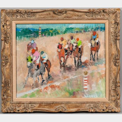 American School, 20th Century Colorful Jockeys and Thoroughbreds on a Track