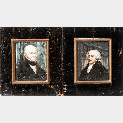 American School, Early 19th Century Pair of Miniature Portraits of John Adams and John Quincy Adams After Previous Works